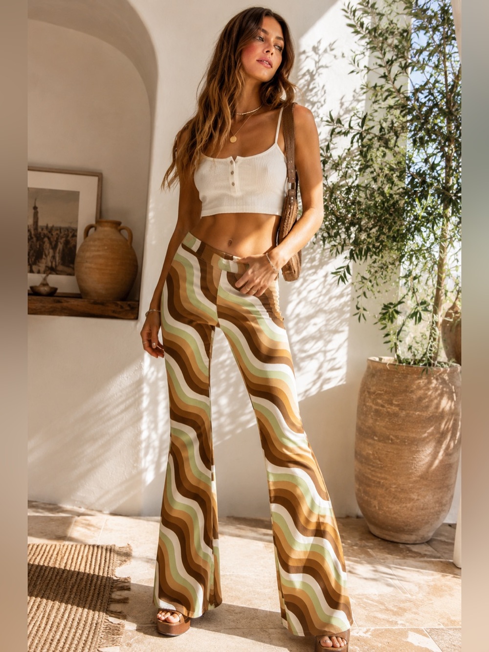 Social Tourist XS Retro Wave Low Rise Flare Pants Y2K 70s Brown Green Stretch